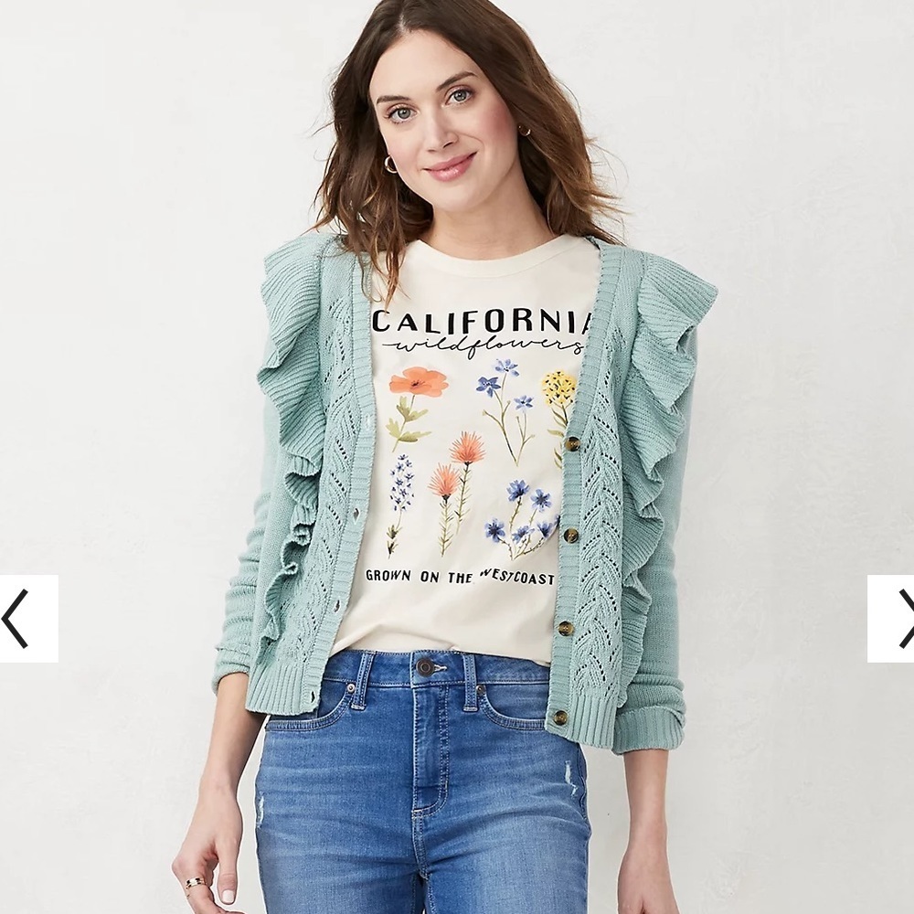 Women's LC Lauren Conrad Ruffle Pointelle Knit Cardigan Inez Blue Color Size M